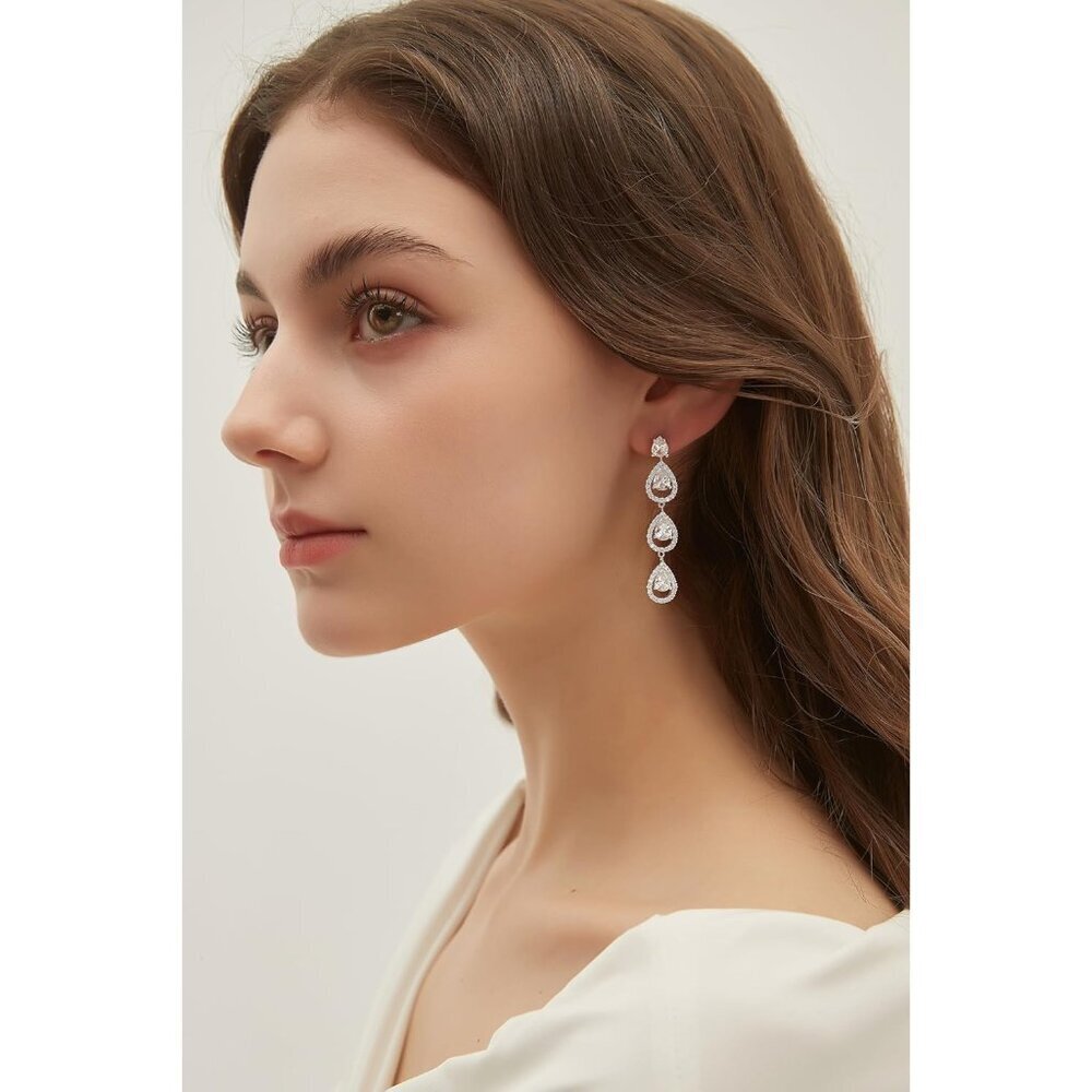 Sterling Silver Dangle Earrings Cubic Zirconia Wedding Bridal Jewelry - Picture 3 of 6